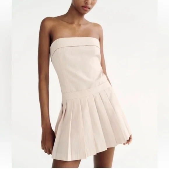 NWT Zara Striped Pleated Strapless Dress - Picture 3 of 7
